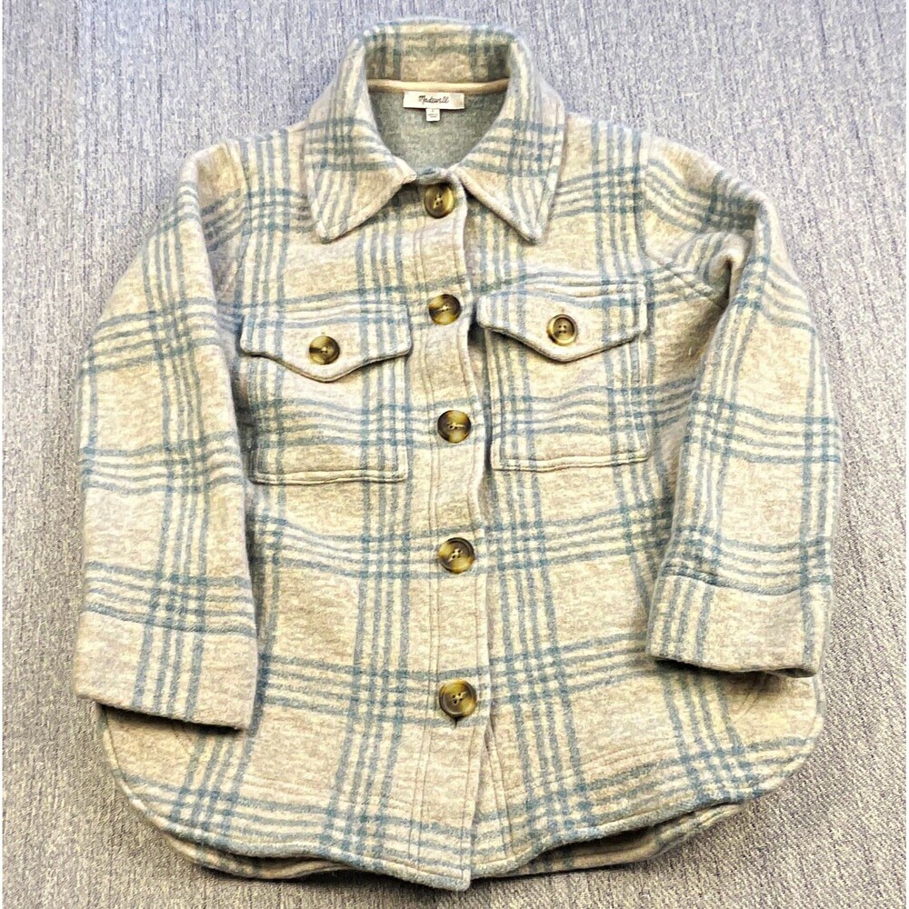 Madewell Plaid Boiled Merino Wool Shirt Jacket Shacket Cream Blue Womens Small